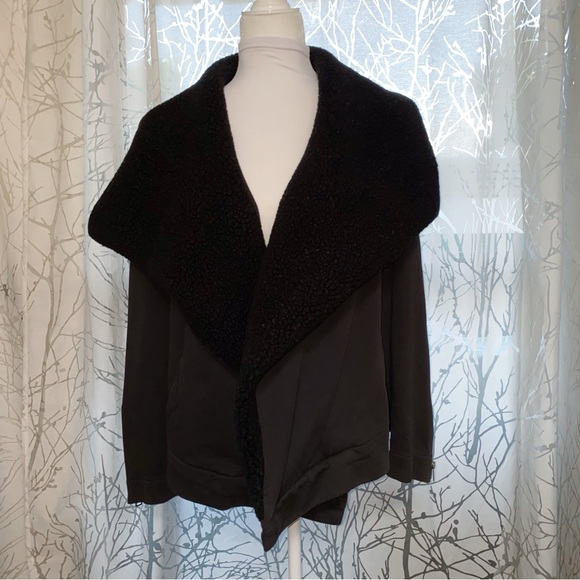 ALL SAINTS BLACK FUZZY NECKLINE FAUX SHERPA COLLAR BORA BIKER SWEATSHIRT JACKET - Picture 2 of 8